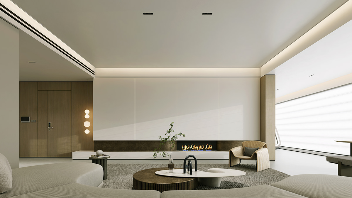 Modern minimalist living room with clean lines and neutral colors